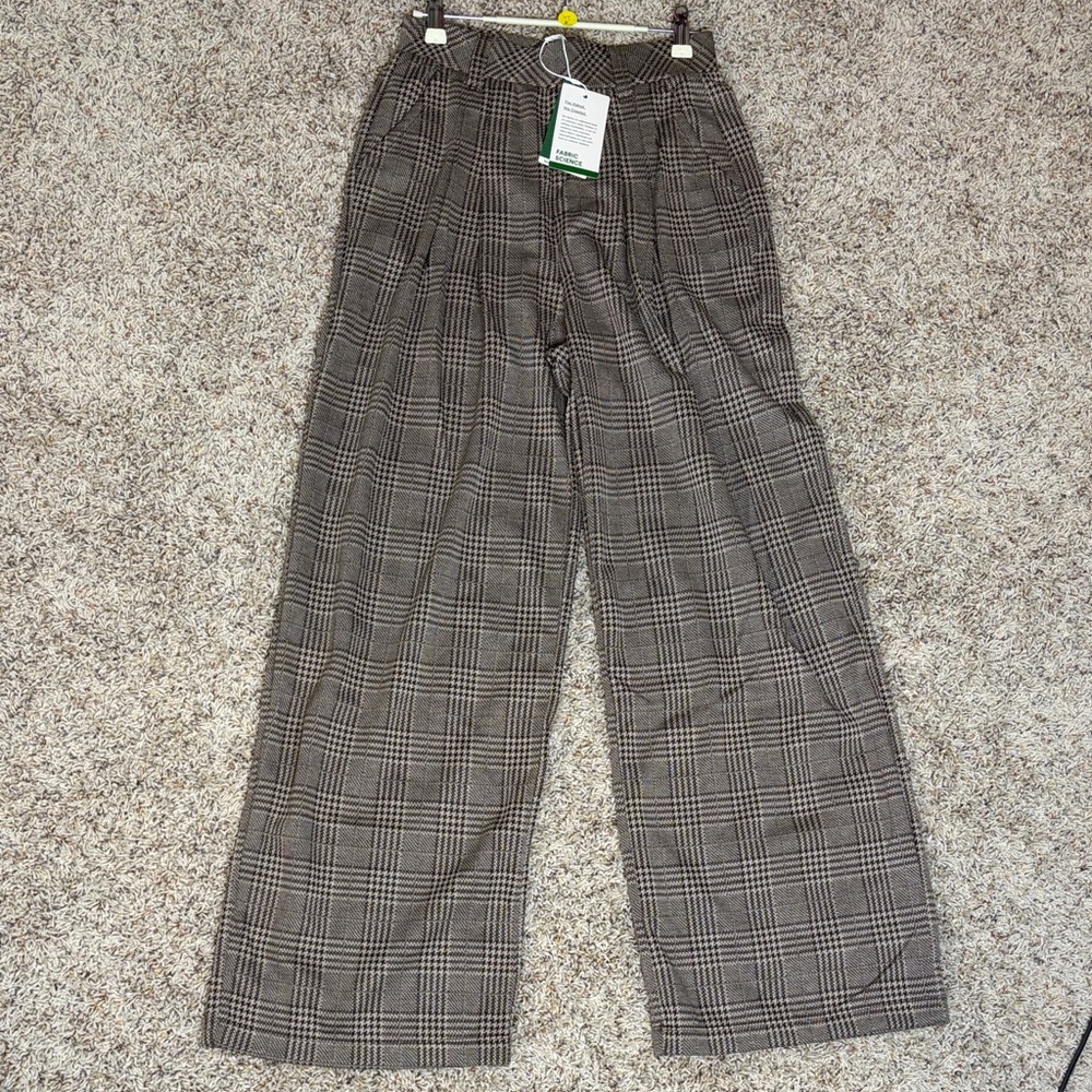 High Waisted Pocket Wide Leg Houndstooth Plaid Casual Pants